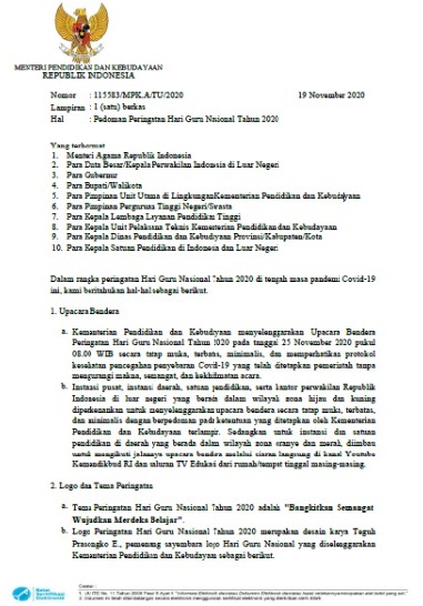 Surat Edaran Tentang Pelaksanaan Hari Guru Nasional Tahun 2020 Admin Bawean
