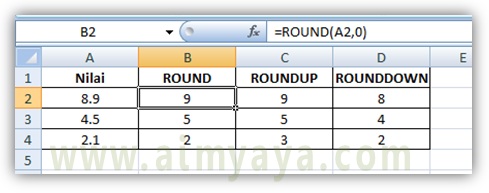  Gambar: contoh pemakaian fungsi ROUND, ROUNDUP, ROUNDDOWN di Microsoft Excel