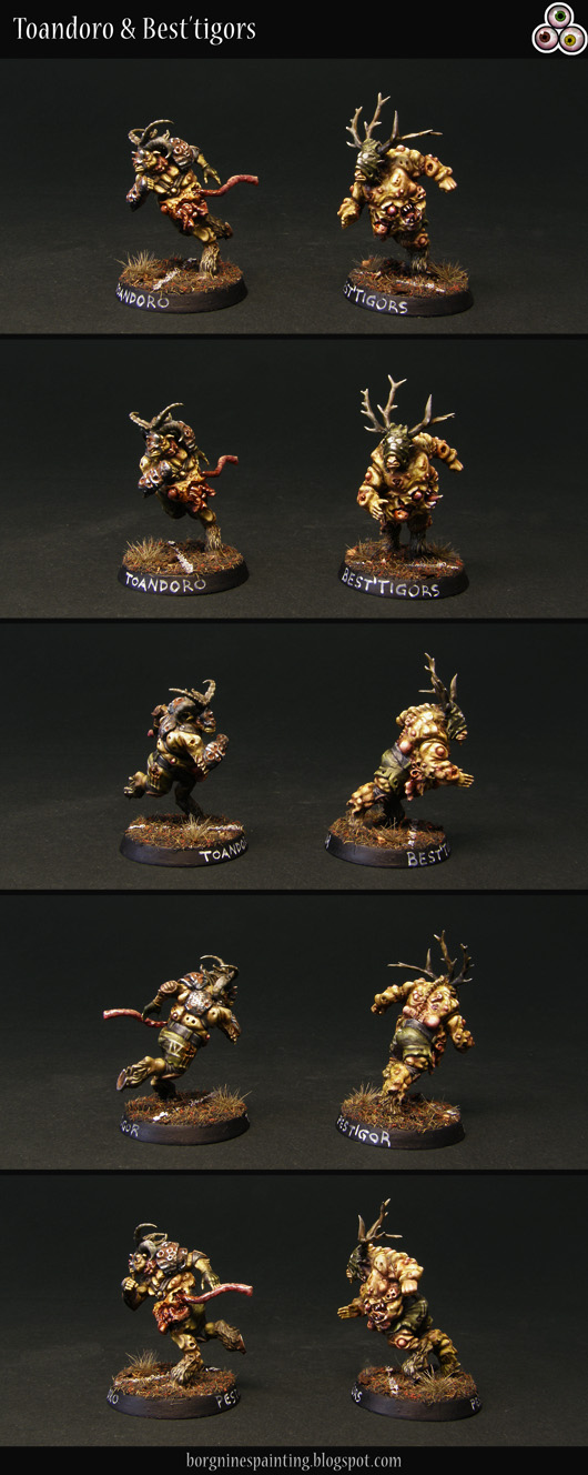 2 painted Pestigor of Nurgle miniatures for use in Blood Bowl, converted out of BB Chaos Beastmen, using greenstuff, visible from different angles. Their skin is pale yellow and the clothes dirty green. One on the left has an intestine trailing behind him as he runs, representing the 'Sprint' skill, while the one on the right has been made fatter and bulkier, representing his additional Strength point.