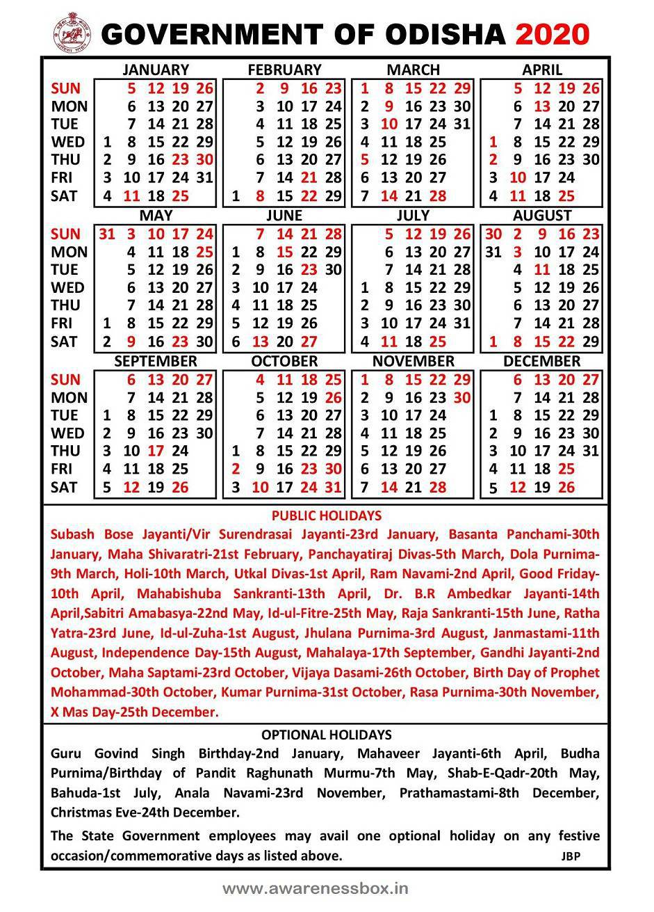 odisha-govt-calendar-2020-holiday-list-for-2020-in-orrisa-awareness-box