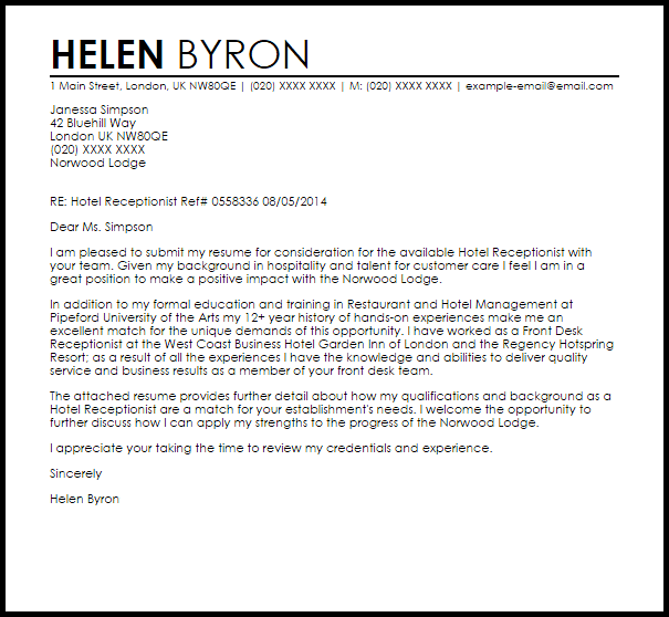 Application Letter For Receptionist Position In Hotel Application Letter For Receptionist Position In Hotel
