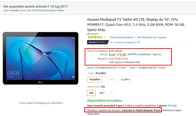 Offerte di fine anno Amazon: Huawei Mediapad T3 10 LTE a 173 euro venduto e spedito da Amazon