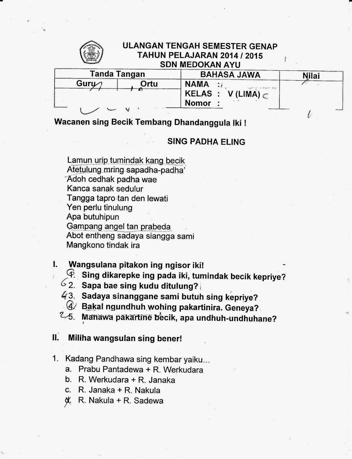 Soal Bahasa Jawa Kelas 1 Semester 1