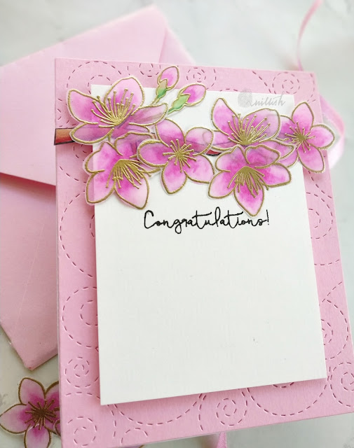 Blog hop, Video Tutorial, Pretty Pink Posh, floral card, vellum, heat embossing, pretty pink posh cherry blossoms stamp set, Simon says stamp stitched whirl die, coloring vellum flowers, vellum card, vellum flowers, spring card, quillish,  carfty giveaway,