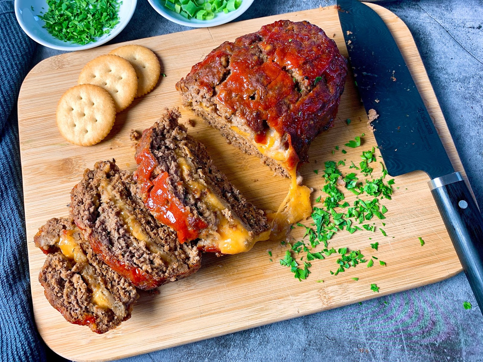 Stuffed Meatloaf with Cheese and Crackers