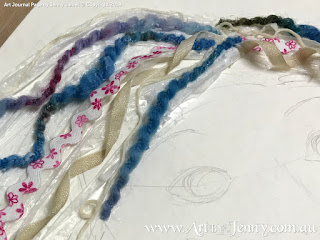 yarn and ribbon for hair of mixed media artwork featuring Mother Nature and Earth by Jenny James