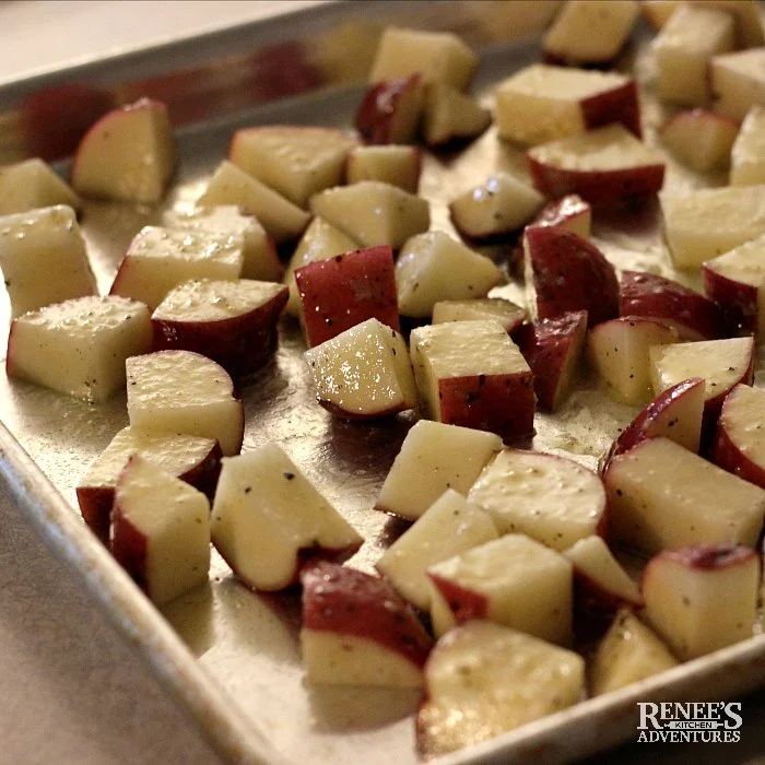 Garlic Roasted Potatoes on baking sheet