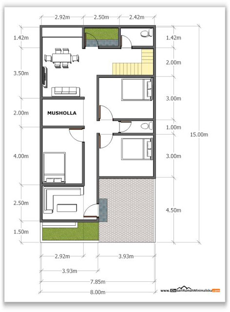 Desain Rumah Minimalis Dengan Musholla Di Tanah 8x15 Meter