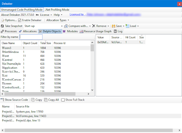 Screen-shot of Deleaker showing all Delphi objects at the start of a VCL program