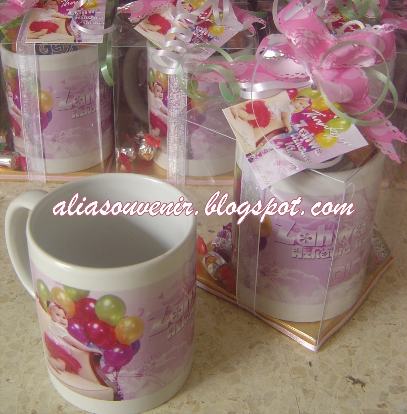 Souvenir Mug Sablon Full Colour Design Ulang Tahun Anak Kemas Mika dan Pita