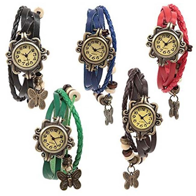 Felizo Combo Offer - Pack of 5 Multi Strap Black, Blue, Red, Green & Brown Fancy Butterfly Bracelet Vintage Watch