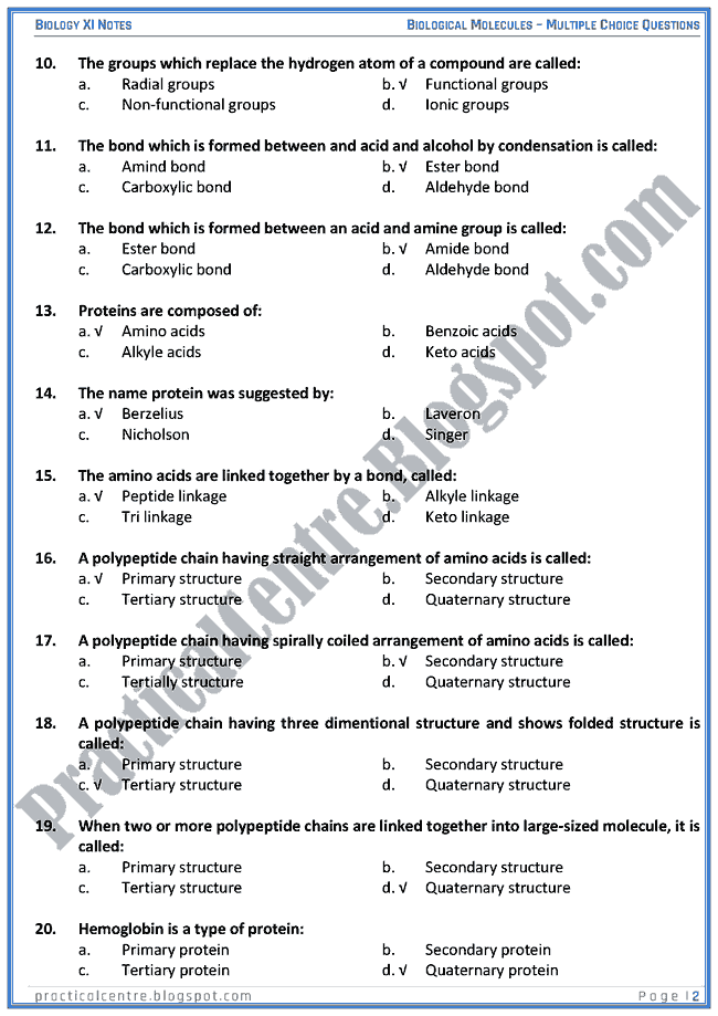 Biological Molecules - Multiple Choice Questions (MCQs) - Biology XI