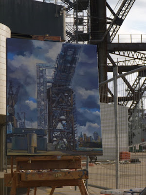 Plein air painting of the Hammerhead Crane before its demolition at Garden Island painted by industrial heritage artist Jane Bennett