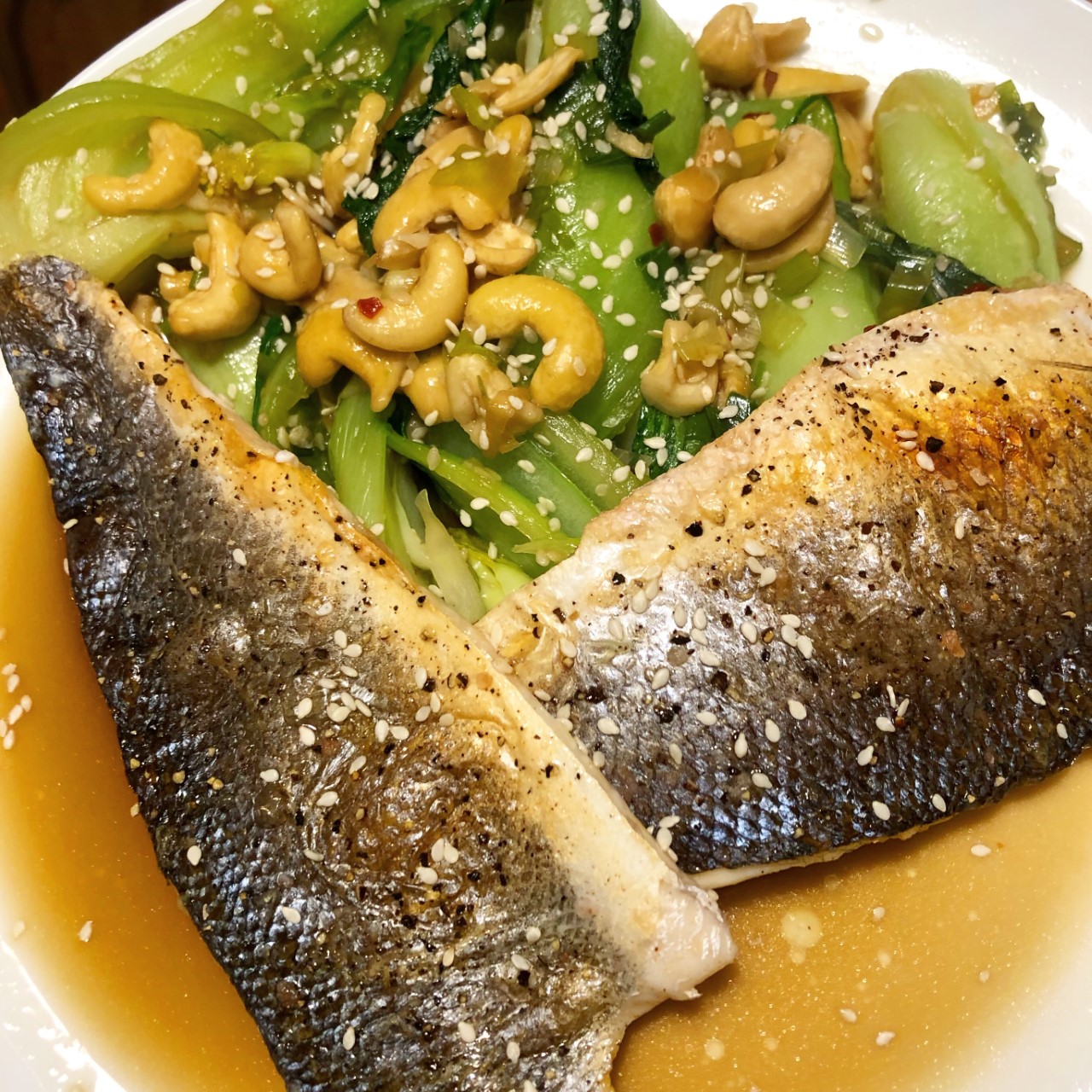 Grilled Sea Bass with Pak Choi and Cashews