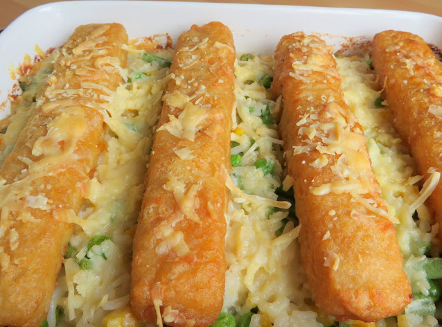 Fish Stick Casserole with Cheesy Vegetable Rice