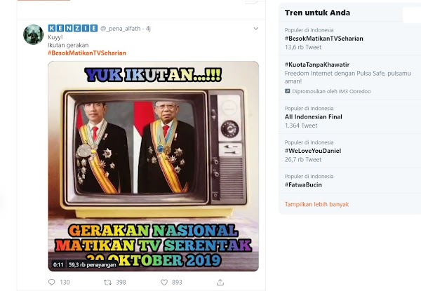 H-1 Pelantikan Jokowi, Hastag #BesokMatikanTVSeharian Digelorakan Netizen