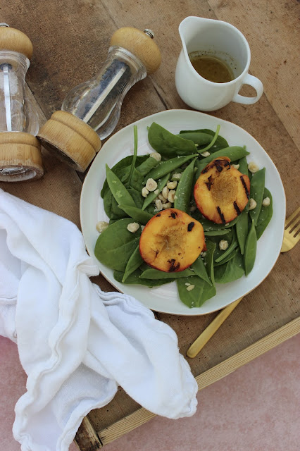 griddled nectarine and sugar snap pea salad with hazelnuts 