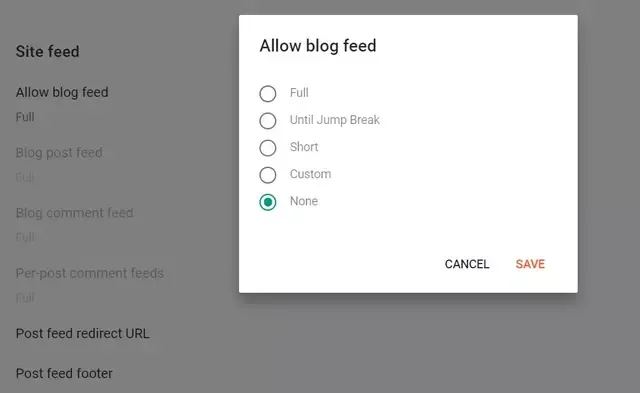 How to disable Blogspot Blogs Feed, so that no one can access it