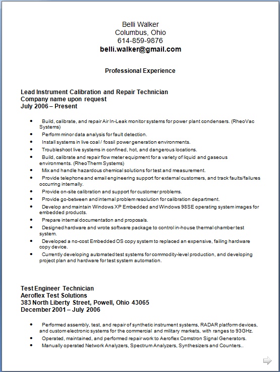Lead Instrument Calibration and Repair Technician Sample Resume Format