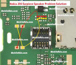Nokia 206 Mobile Phone Earpiece Speaker Problem Check This Red mark and yellow mark line make this jumper. it's working for me.