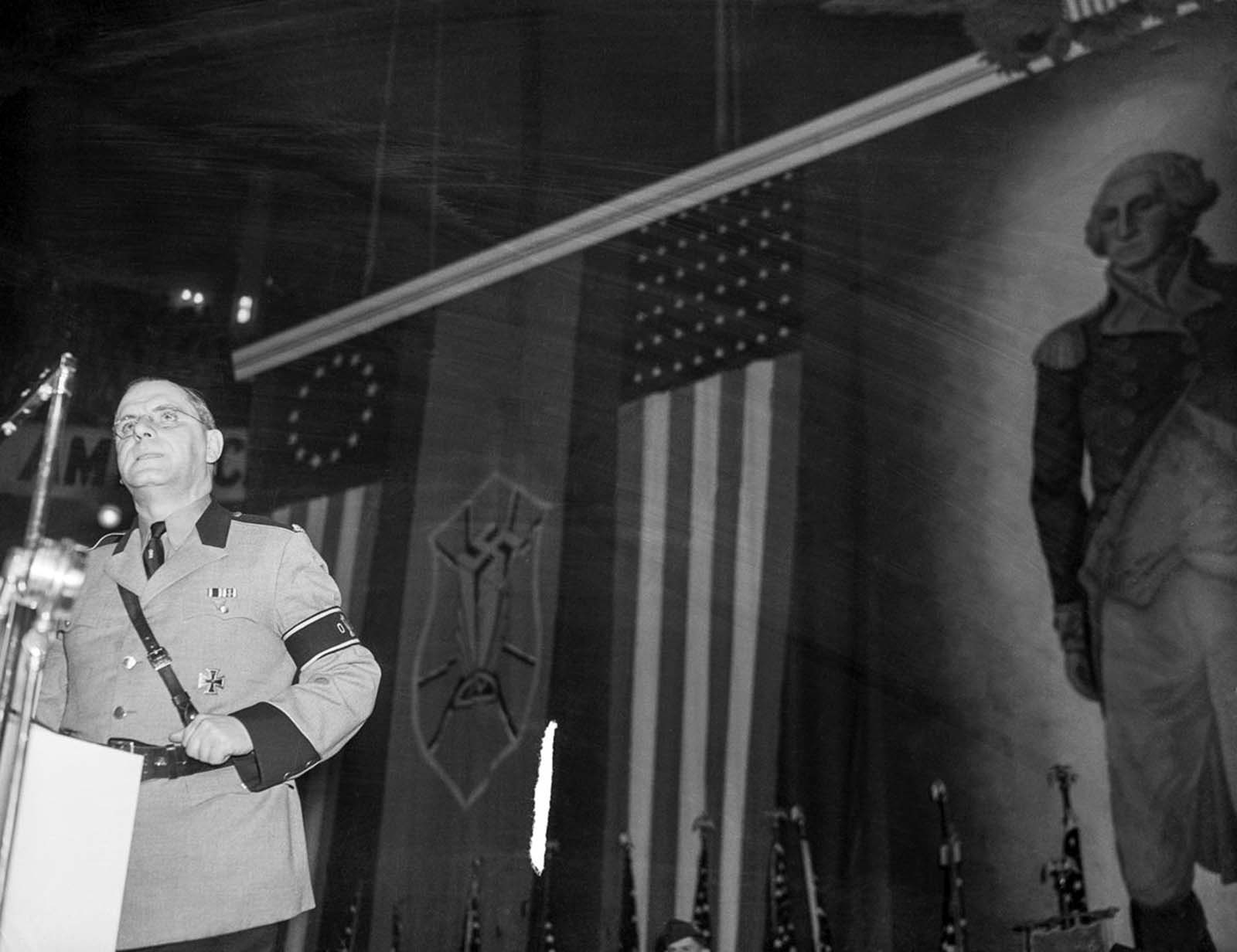 Fritz Kuhn, leader of the German American Bund, addresses the Nazi rally in Madison Square. 