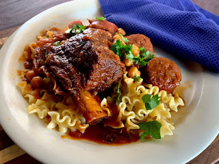 Moroccan Braised Beef Ribs with Kielbasa and Garbanzo