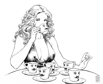 Woman drinking coffee by Milo Manara