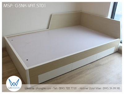 Giường 3 ngăn kéo trang trí tạo hình đường vát phối melamine sồi trắng và màu trắng G3NK-VAT.ST01