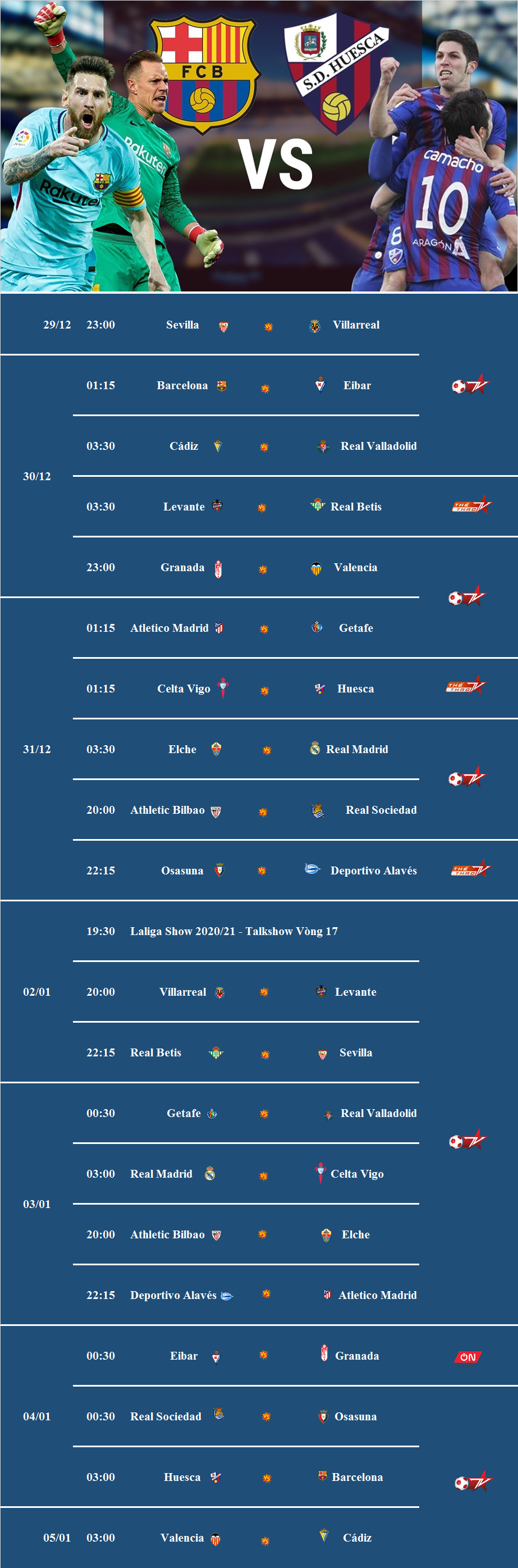 Đón xem vòng 16 và 17 La Liga 2020/21 trên VTVcab