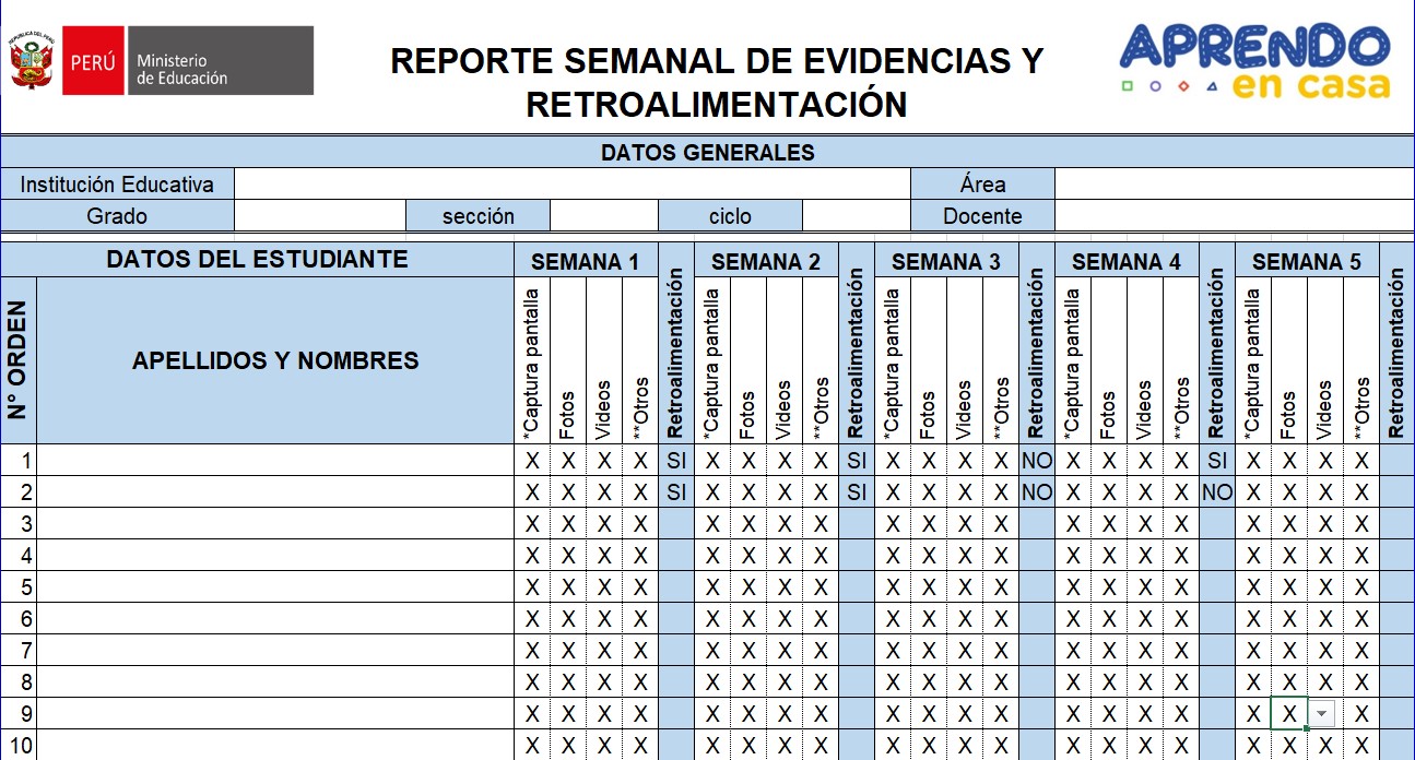Educar Perú: Reporte semanal de evidencias y retroalimentación - Aprendo En  Casa (Modelo propuesta)
