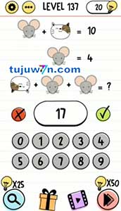 Level 137 🐭+🐱=10, 🐭=4, 😺+🐭+🐭=?? brain test