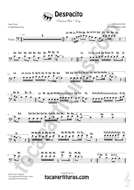          Partitura Fácil con Notas en letra de Despacito de Luis Fonsi en Clave de Fa (Trombón, Bombardino, Contrabajo, Tuba, Chelo, Fagot... (Spanish Notes Sheet Music for Treble Cle Trombone, Eupohonium, Contrabass, Cello, Bassoon...)
