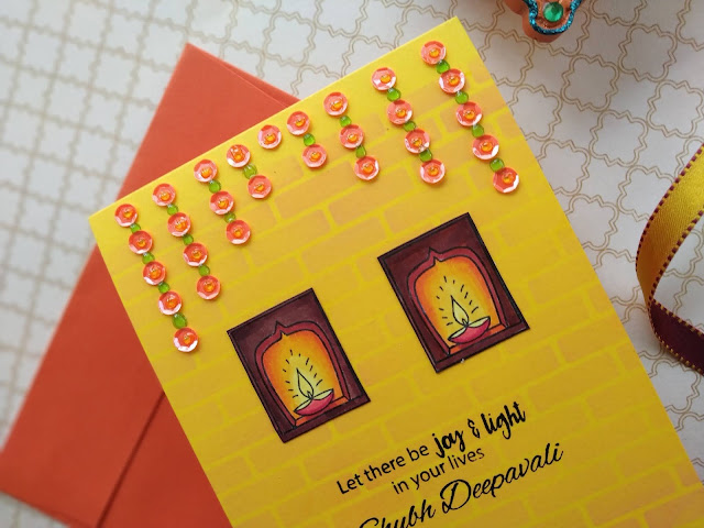 DIY Toran, Sequins on cards, Easy Diwali cards, Craftangles, Craftangles Diwali stamps, Zig cleanDiwai greeting card,water colouring,Zig clean colour brush pens,CAS card,Diwali Crafts,Quillish,