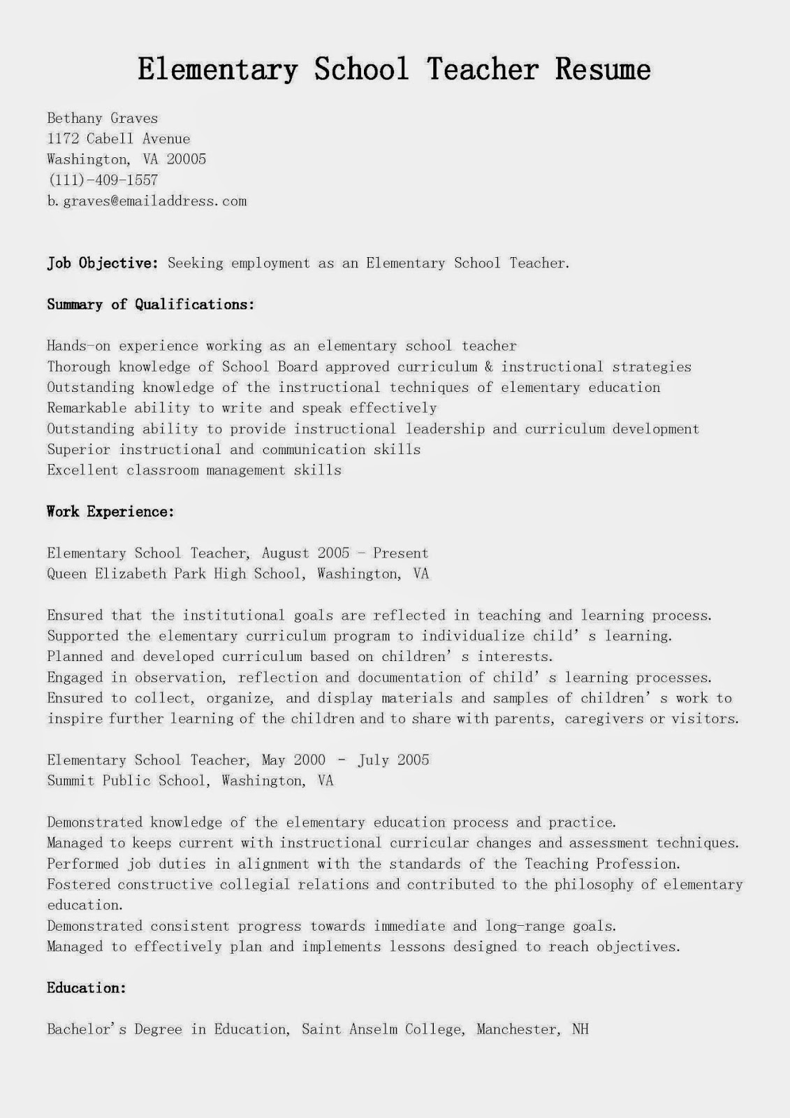 Resume Samples Elementary School Teacher Resume Sample