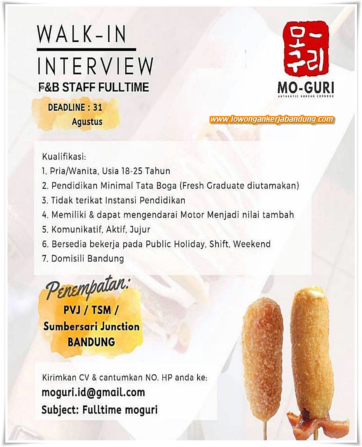 Lowongan Kerja F&B Staff Full Time MO-GURI Bandung - Lowongan Kerja