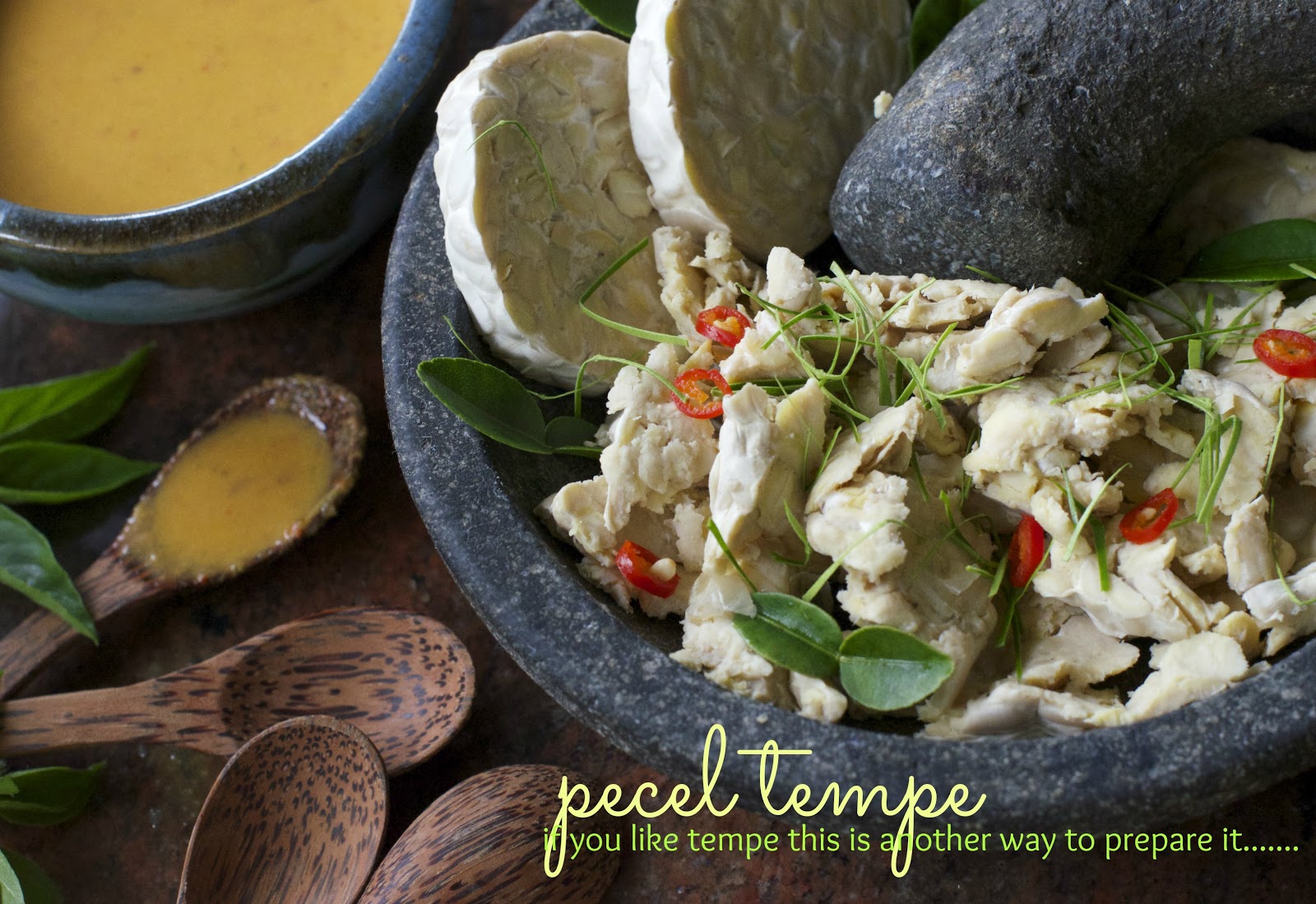 Indonesian Medan Food Pecel Tempe (steamed tempe with candle nut sauce)