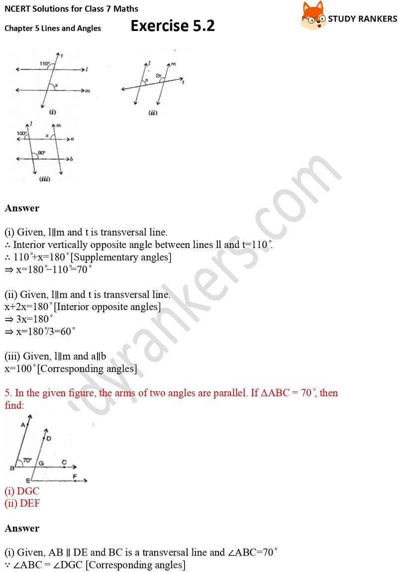 NCERT Solutions for Class 7 Maths Ch 5 Lines and Angles Exercise 5.2 3