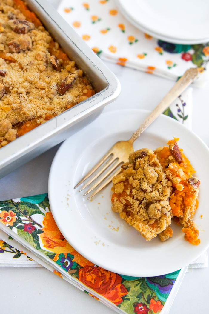 Pecan Streusel Sweet Potato Casserole Bake at 350°