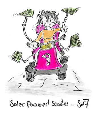 Cartoon of solar-powered scooter — thanks to Stephen Lee Hodgkins