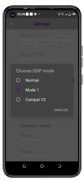 Choisissez Mode 1 come le mode UDP