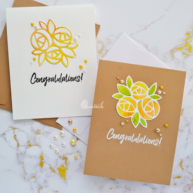 Cards with Alcohol inks with dies, Floral die card, Paper smooches Rad roses die card,Yellow and orange card, Alcohol inks card, Simon says floral card, Floral card, Hydrangea card, yw card, Clean and simple card, Quillish, Video tutorial