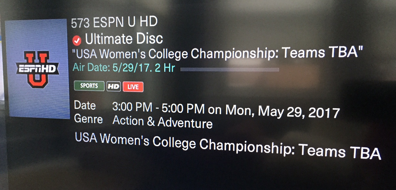 Sludge Output ESPNU's Cable Listing for College Ultimate Championships