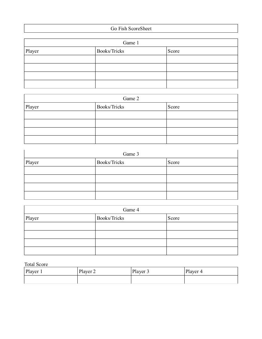 Games and Sports Score Sheets : Go Fish ScoreSheet