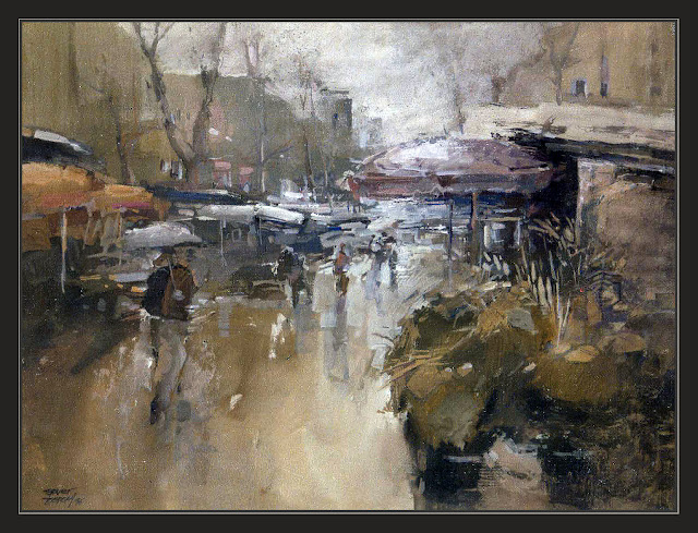 BARCELONA-PINTURA-RAMBLAS-RAMBLES-LLUVIA-QUIOSCOS-RAMBLA-FLORES-PAISAJES-CUADROS-GOUACHE-ARTISTA-PINTOR-ERNEST DESCALS