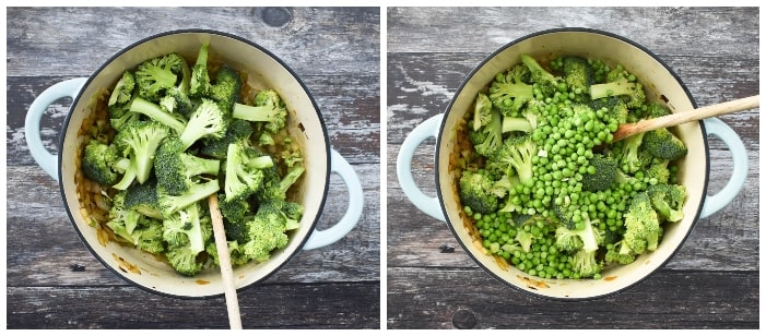 Making broccoli and pea soup - step 4 - broccoli and peas added to the pot