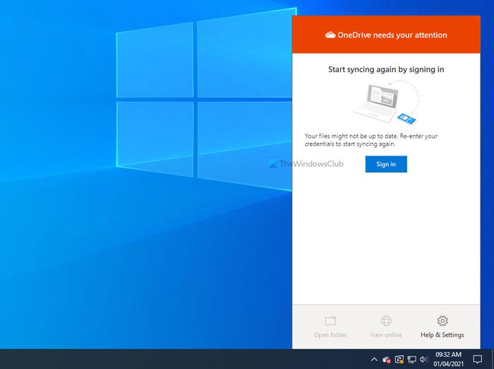 Исправление OneDrive требует вашего внимания, снова начните синхронизацию, выполнив вход
