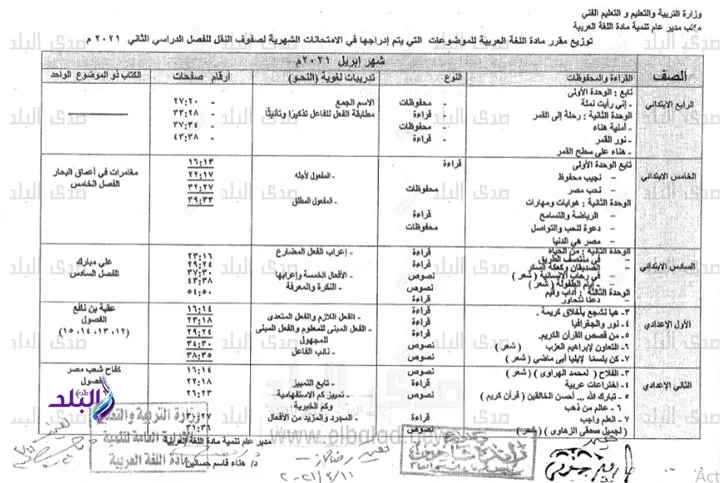 مقررات ومواعيد امتحانات شهر أبريل لطلاب المدارس 2