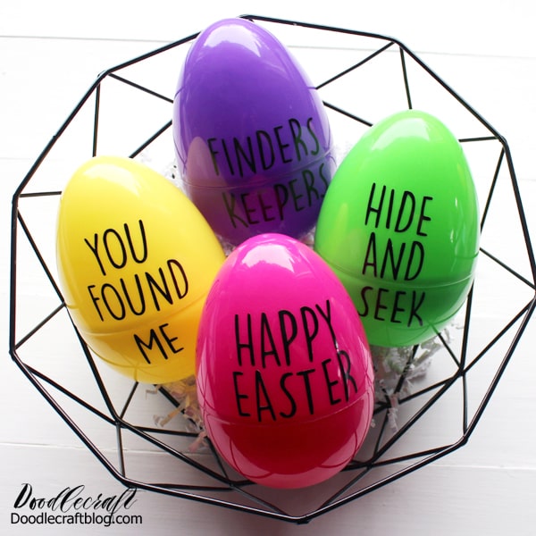 Give those giant plastic Easter eggs a little farmhouse chic finish with Rae Dunn inspired vinyl phrases or even names. These eggs are giant and can be filled with treats, toys or love notes. Perfect for an egg hunt around the yard on Easter morning.