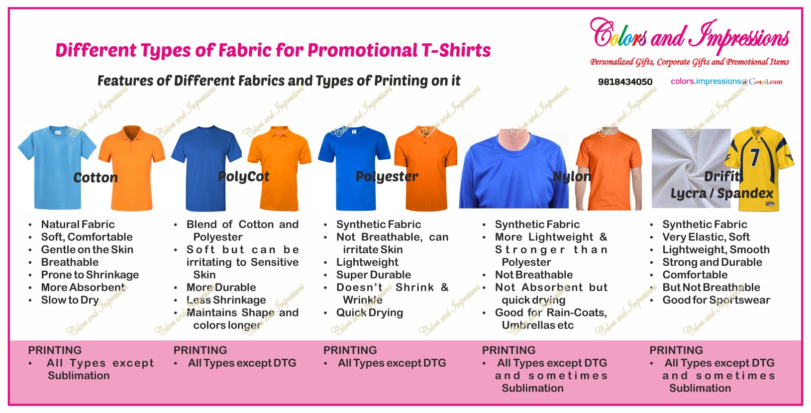 COLORS AND IMPRESSIONS DIFFERENT FABRICS FOR PROMOTIONAL T SHIRTS