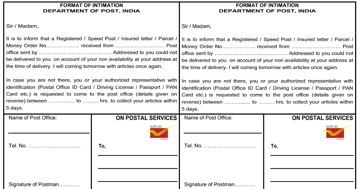 Format of Intimation for Registered, Speed Post, Insured letter, Parcel